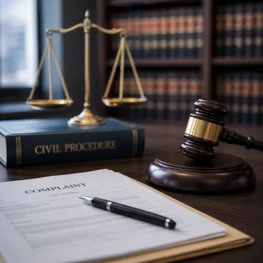 Civil litigation materials, including legal filings, court documents, and a gavel, representing the civil legal process.