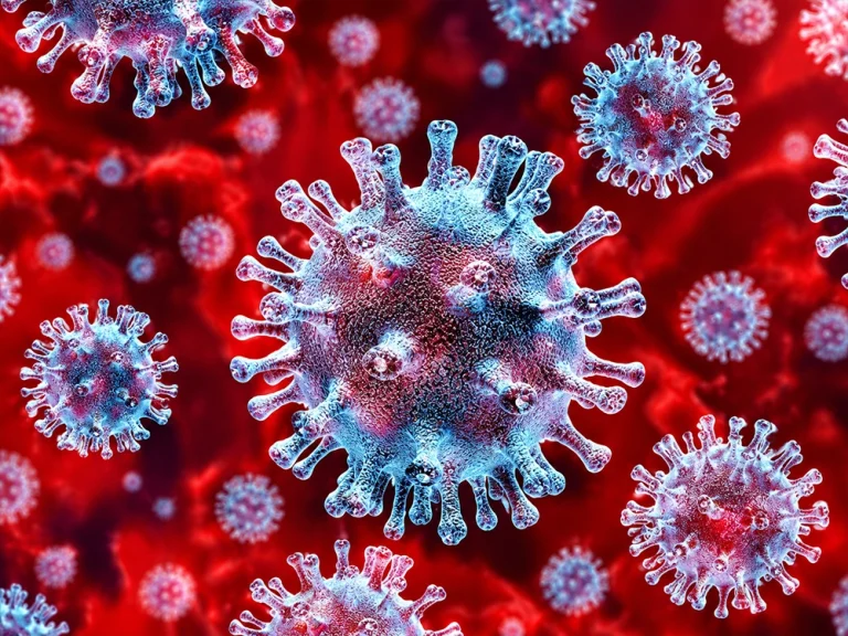 Detailed medical illustration of virus particles against a red background