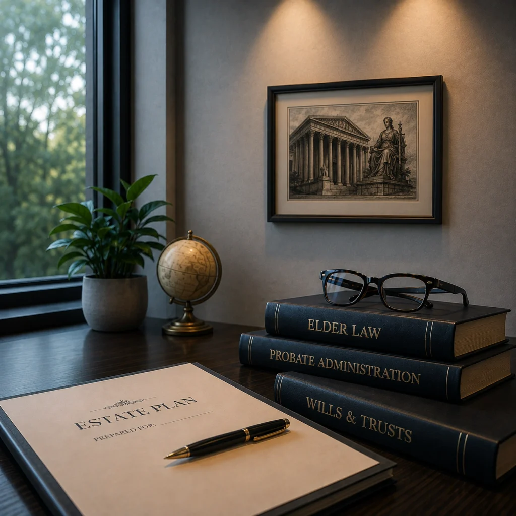 Law office setting representing estate planning and probate administration