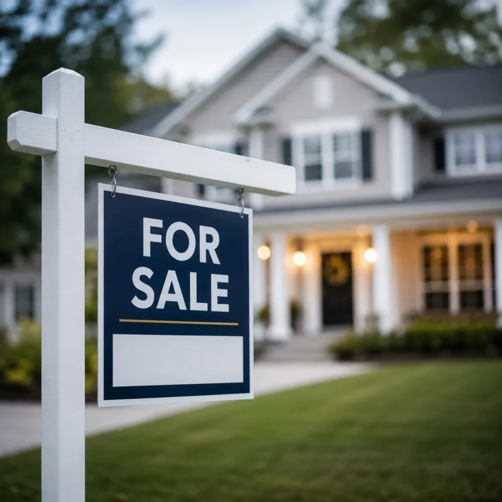 **Alt tag:**
Real estate for sale sign with a residential home in the background representing real estate law
