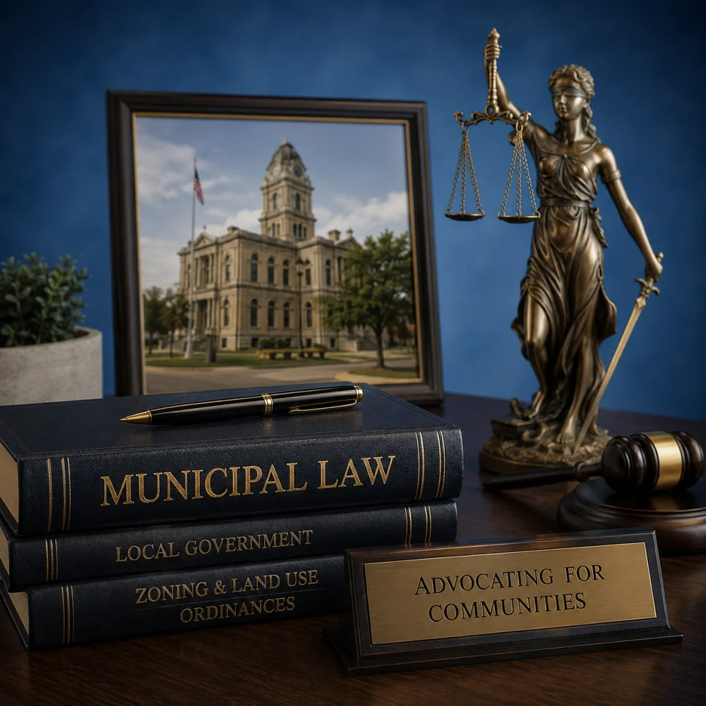 Municipal law books and legal symbols representing local government law