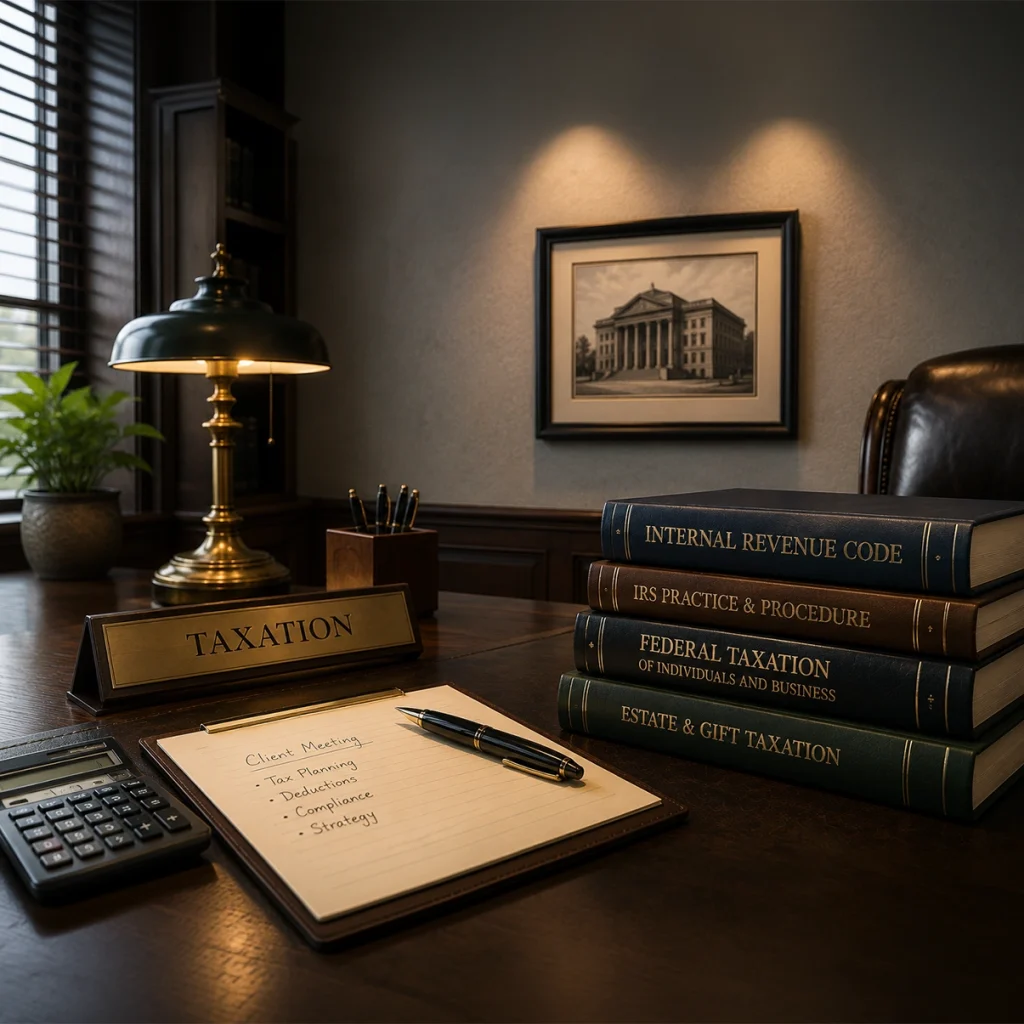 Tax law books and planning materials on a professional office desk